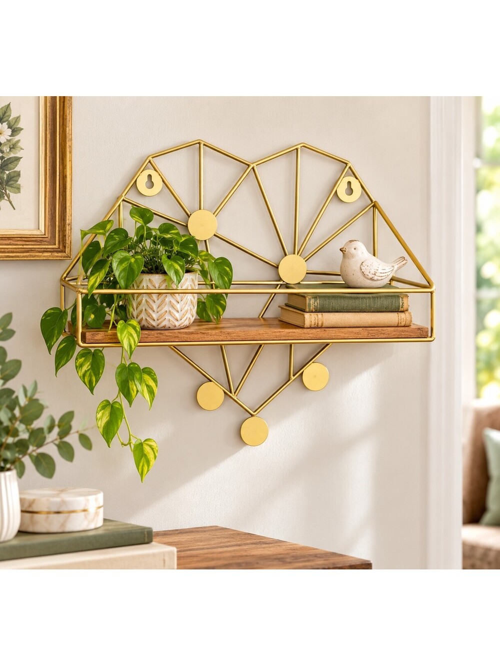Vtg Atomic Gold Geometric Wall Shelf Wood MCM Retro Decor Heart Shaped Display